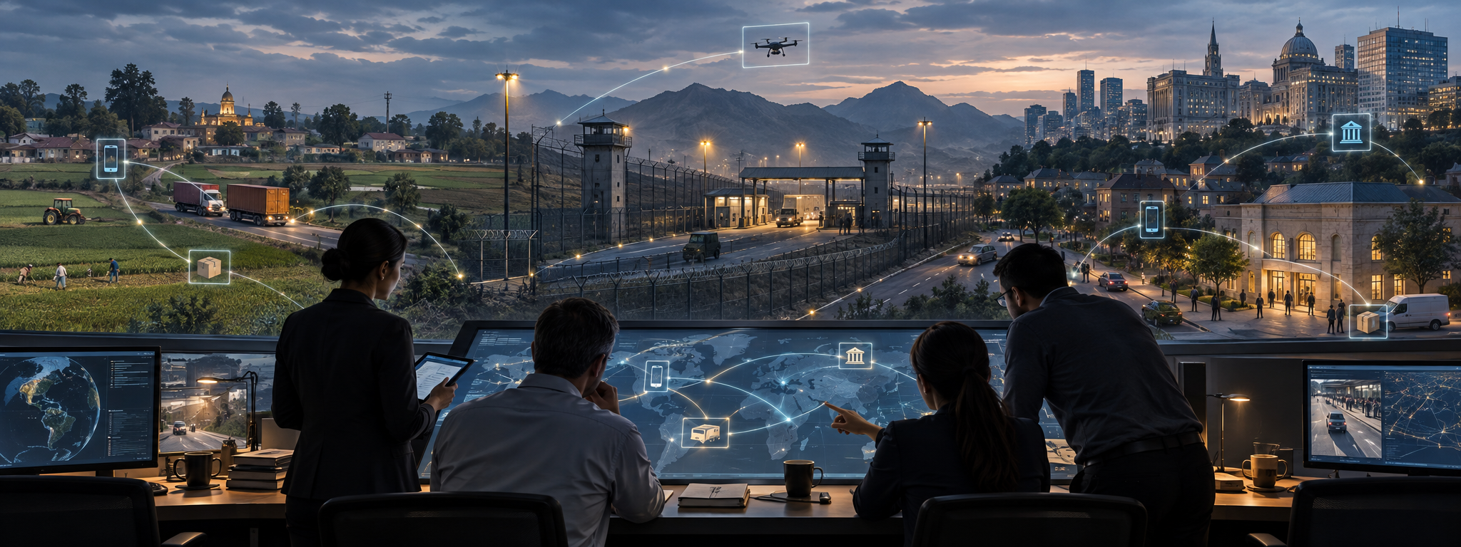 Conceptual panorama linking Punjab, an international border, and an overseas neighborhood through phones, parcels, vehicles, and financial pathways.
