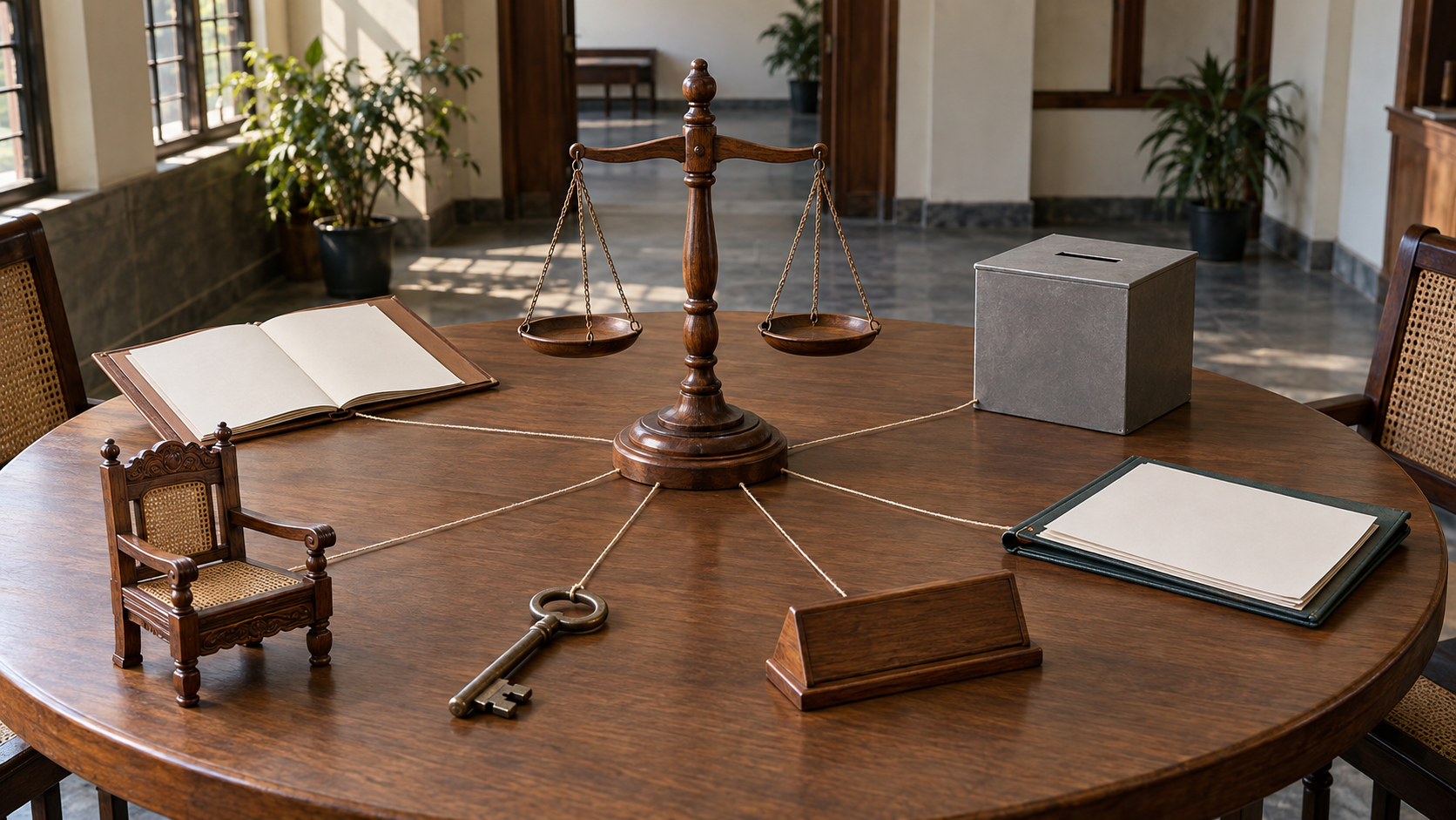 A balance on a public office desk surrounded by an unlabeled land folder, ballot box, admission file, service token, council chair, and courthouse key.