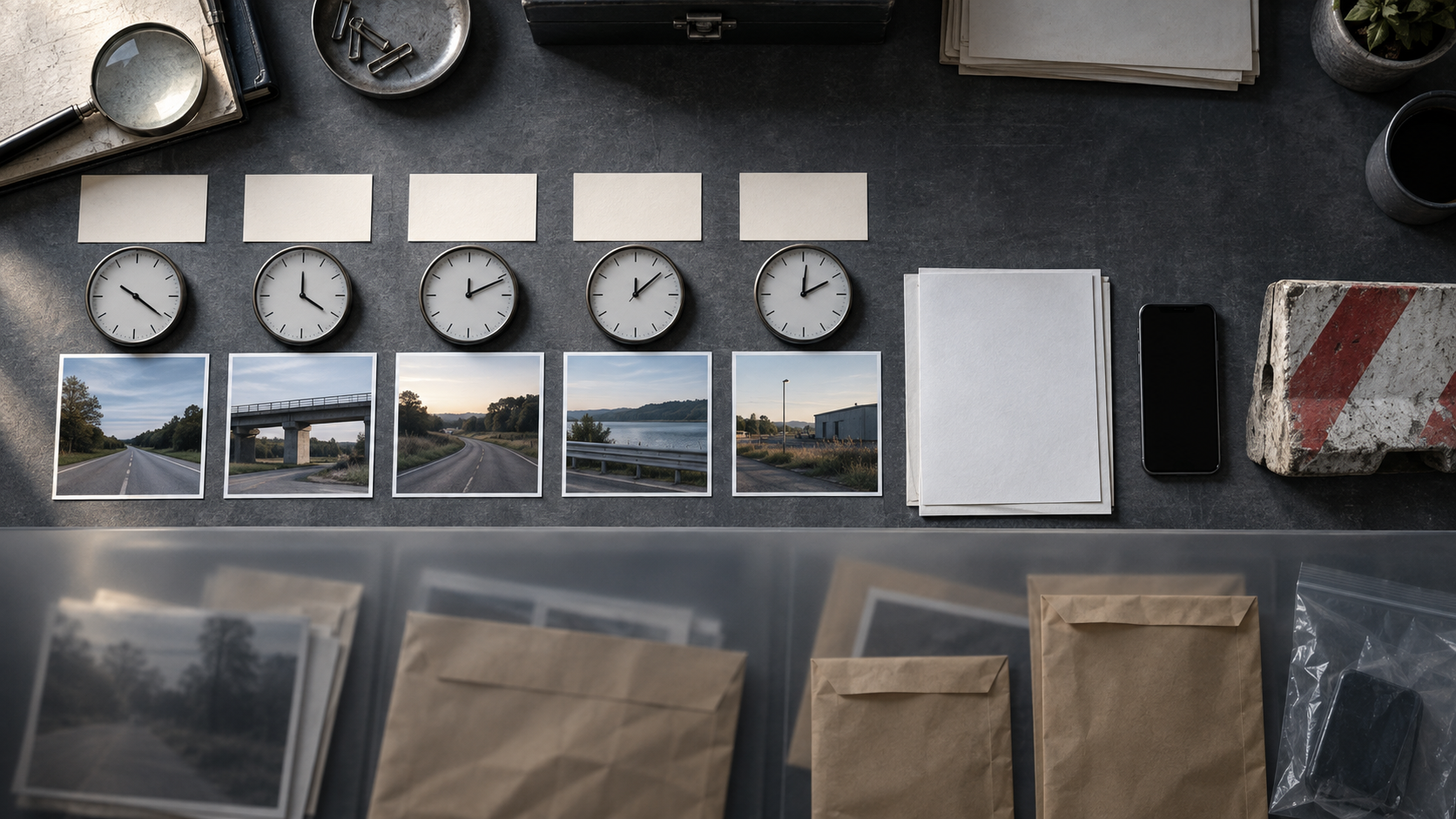 An overhead archival desk with blank date cards, clocks, photographs, a phone, envelopes, and evidence objects arranged on opposite sides of a translucent divider.
