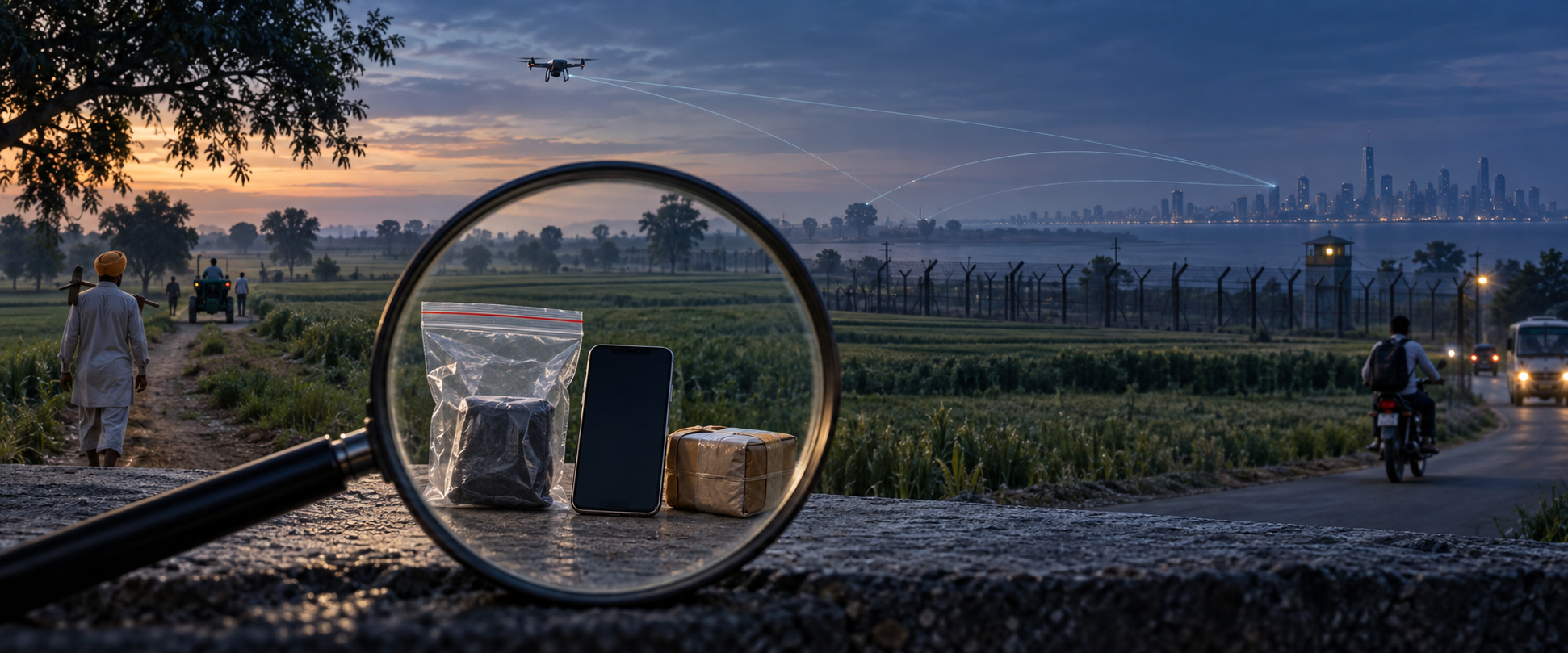 Two analysts examine a sequence of clues, digital records, laboratory materials, and sealed physical evidence on a long table.
