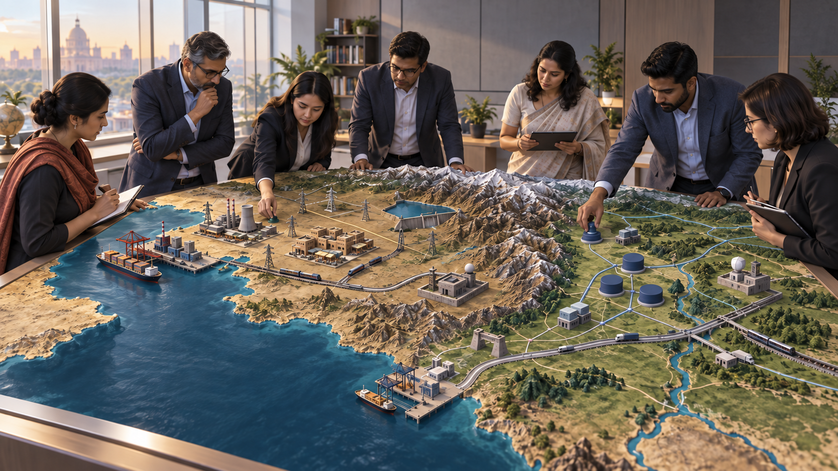 Anonymous Indian planners study an unlabeled relief model of interconnected economic, civilian and security systems across northwestern South Asia.