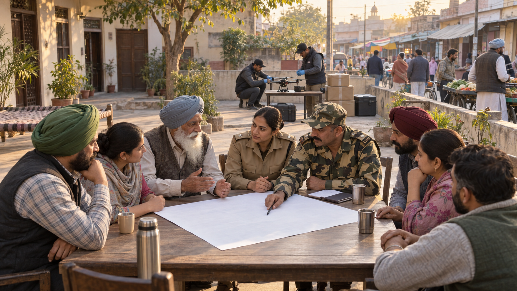 Residents, community representatives, and security personnel meet calmly in a Punjab courtyard while technicians inspect a drone and sealed packages nearby.