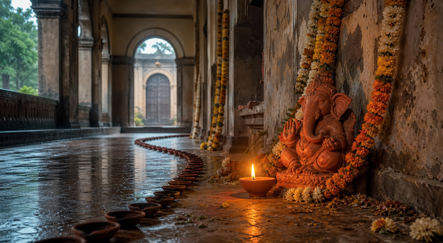 A line of clay lamps and faded garlands leads through a civic-building corridor to a lit lamp beside a Ganesha idol.