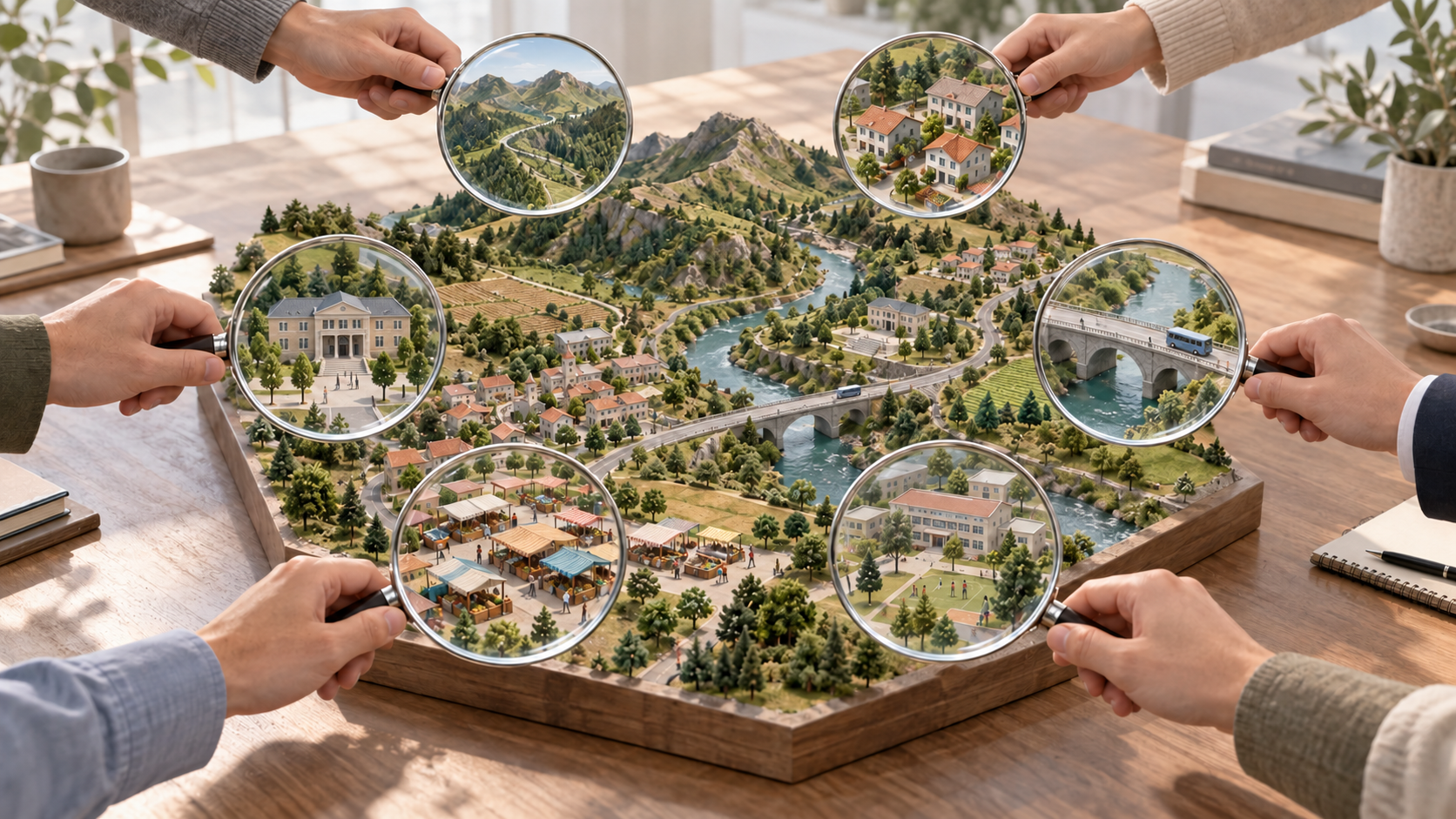 Six glass lenses and several anonymous hands examine different parts of a miniature landscape containing hills, homes, roads, a bridge, a school, a market, and a public building.