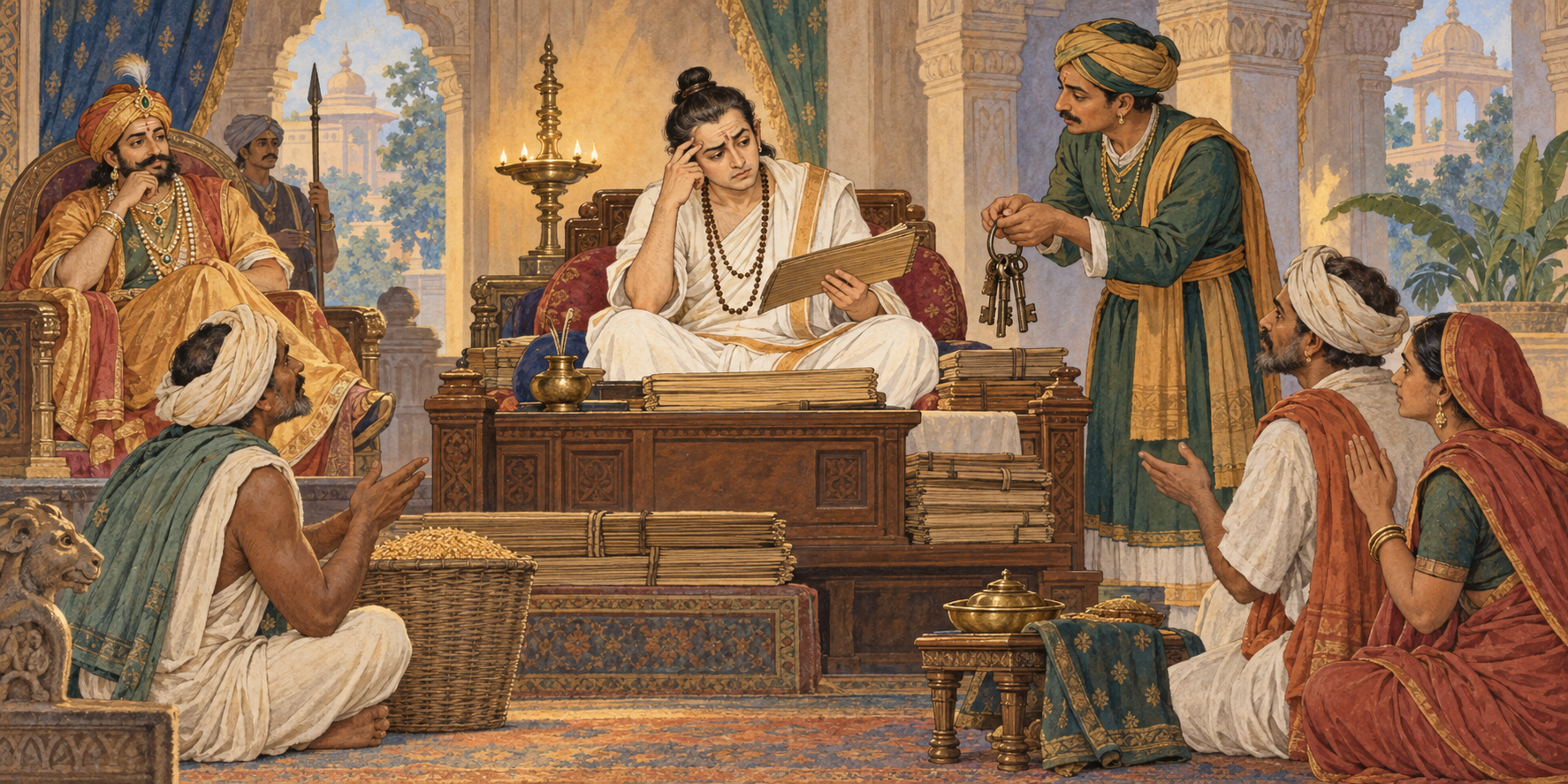 A newly appointed scholar sits in a royal court holding a manuscript while farmers, stewards, and villagers present practical matters for his attention.