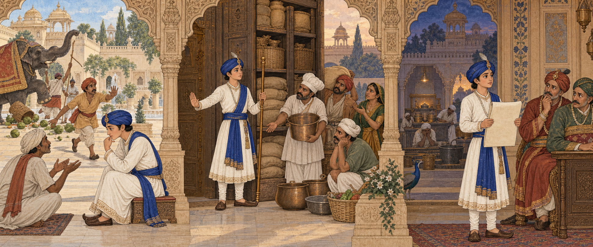 Three connected palace scenes show a novice official following instructions literally while overlooking practical consequences.