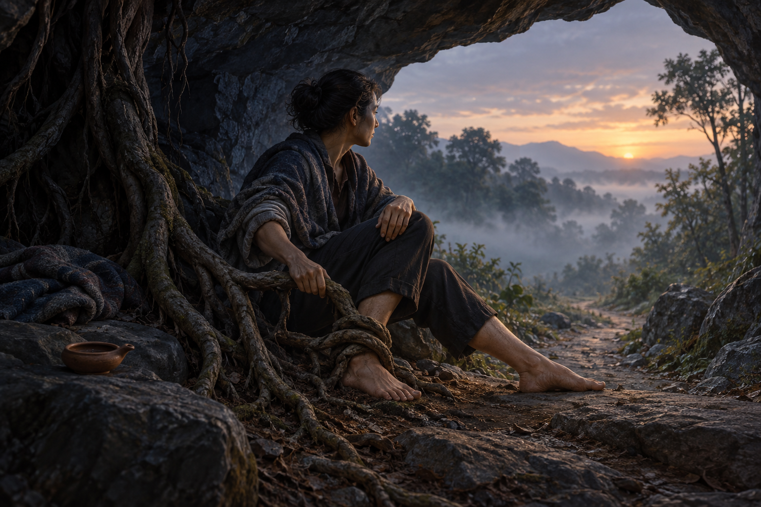 A seated person rests at the mouth of a dark cave while tree roots curl around one ankle and a dawn-lit path opens outside.