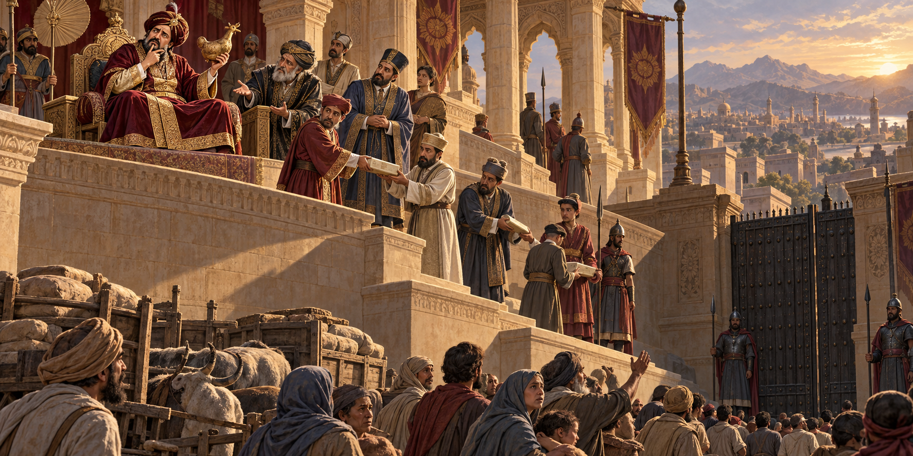 Courtiers and attendants pass an impractical order down palace steps while townspeople wait beside supplies at a closed gate.