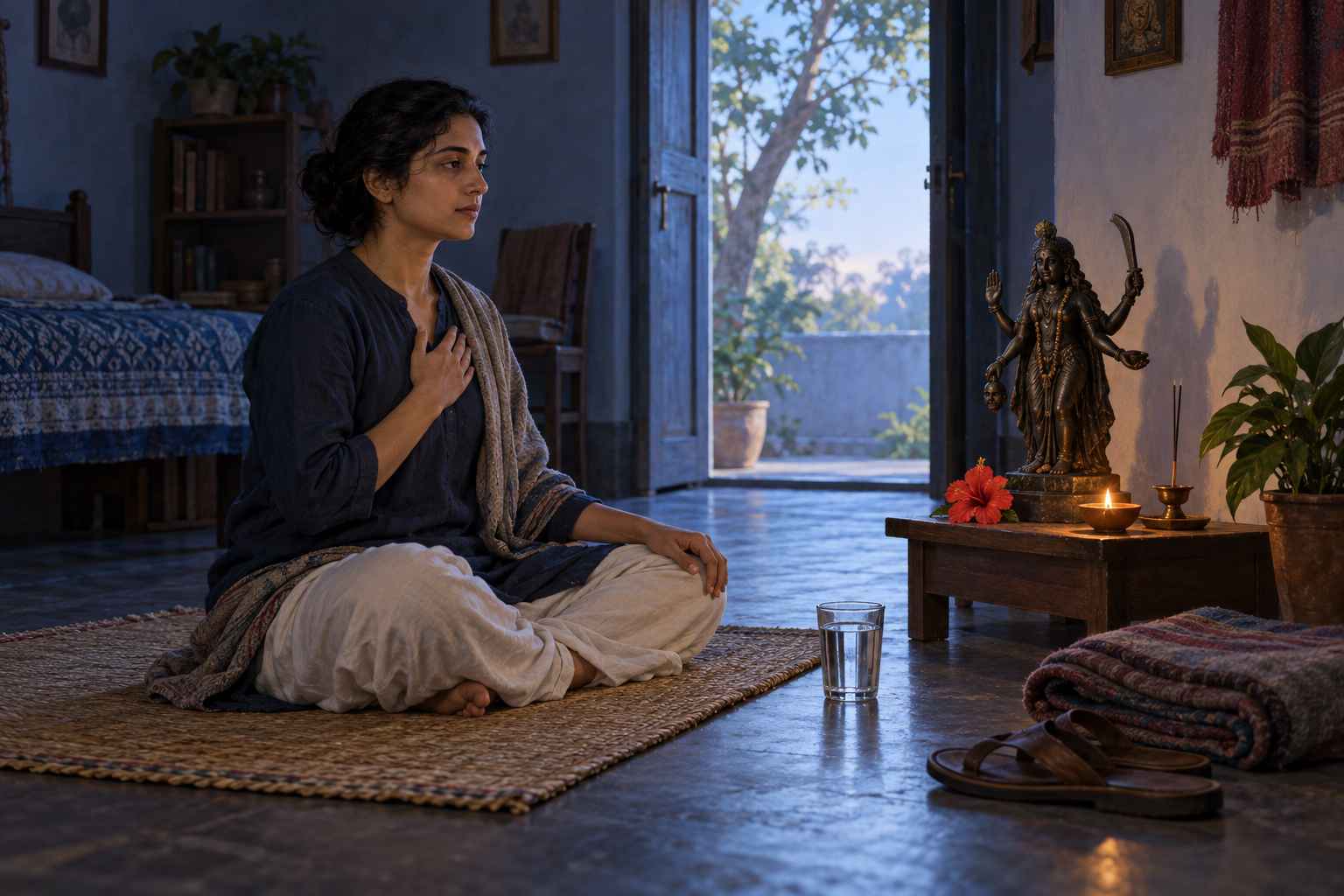 A person sits upright on a woven mat before a small black-stone Kali shrine with a hibiscus flower and oil lamp as morning light enters through a doorway.