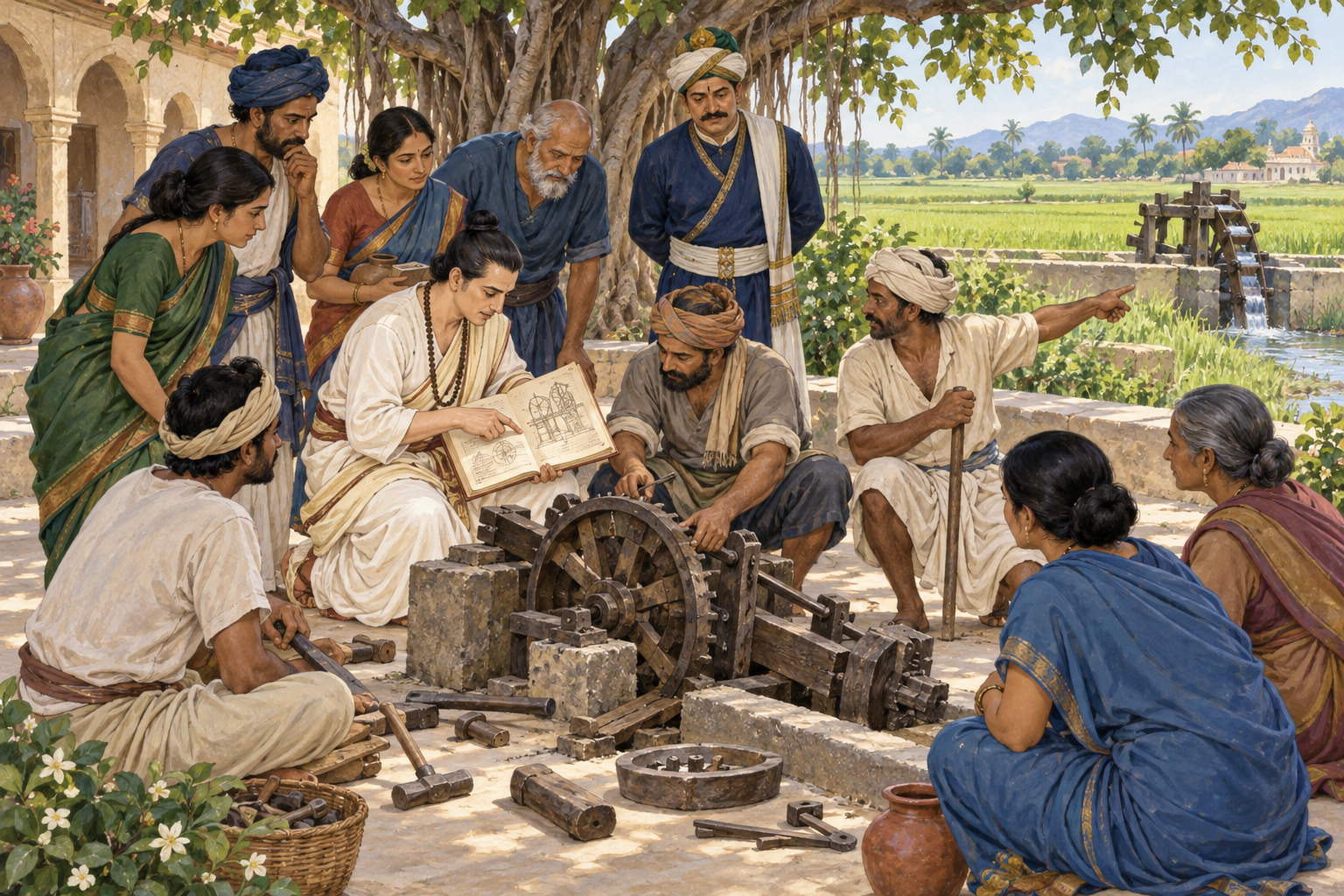 A scholar, artisan, farmer, official, and other community members work together to understand and repair an irrigation mechanism in a shaded courtyard.