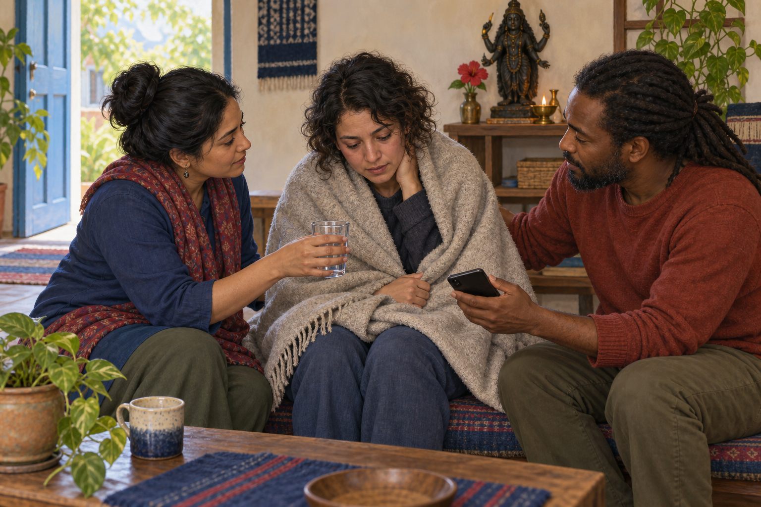 Two adults sit beside an overwhelmed person wrapped in a blanket, offering water and practical support while a small Kali shrine rests on a shelf behind them.