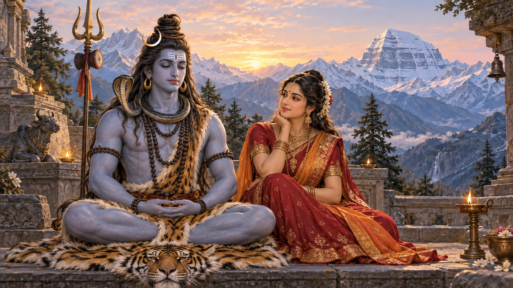 Shiva meditates beside Parvati on a quiet Himalayan terrace at dawn, with snowy peaks and a trident in the background.