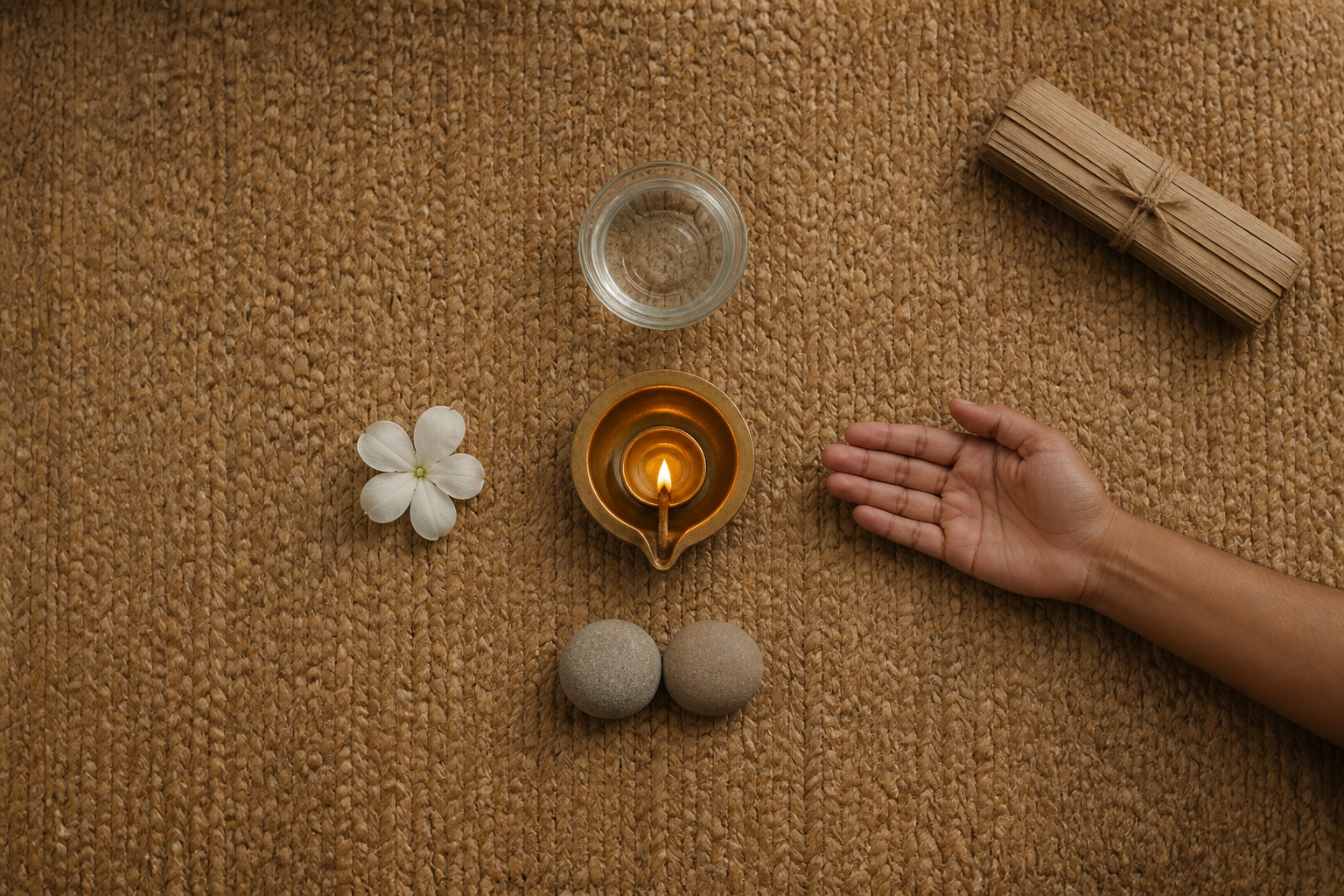 A brass oil lamp is surrounded by a water bowl, balanced stones, a white flower, and an open hand beside a sealed palm-leaf bundle.