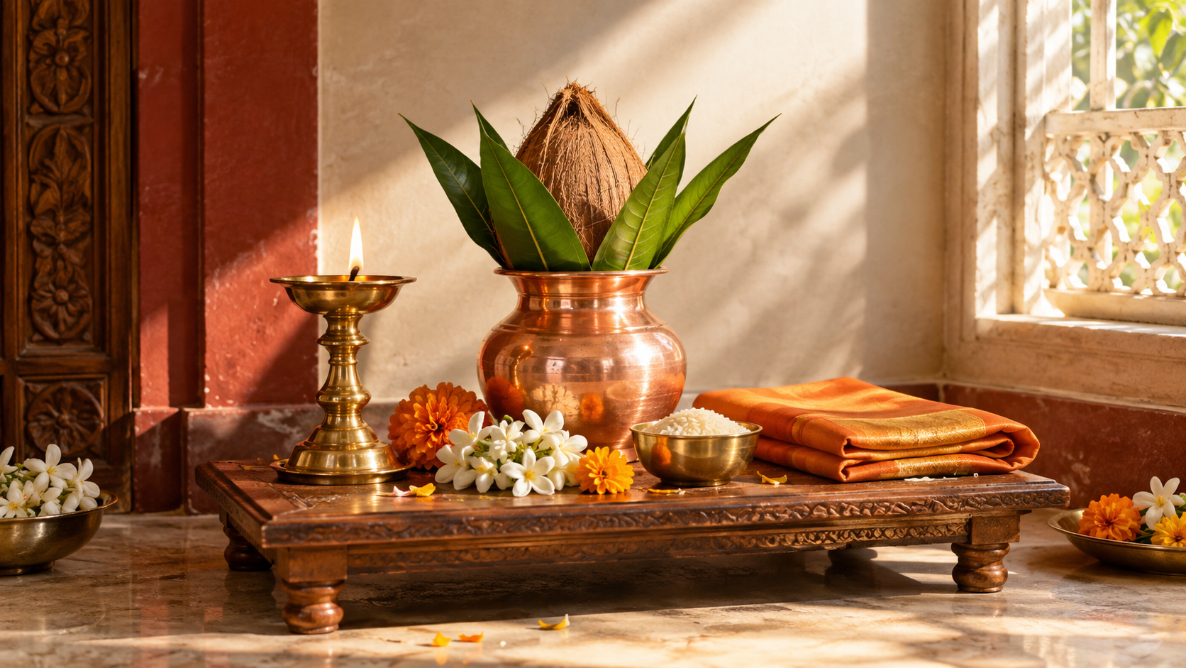 A sunlit home puja alcove with a brass lamp, copper kalasha, rice, jasmine, marigolds, and folded saffron cloth.