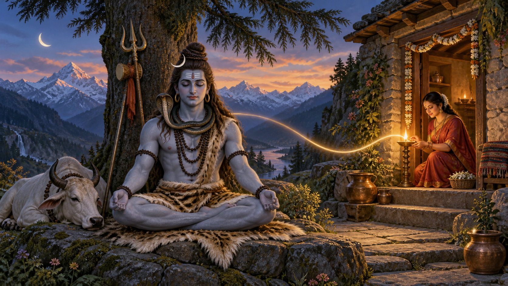Shiva meditates beneath a cedar beside a modest mountain home while Parvati lights a lamp at the doorway.
