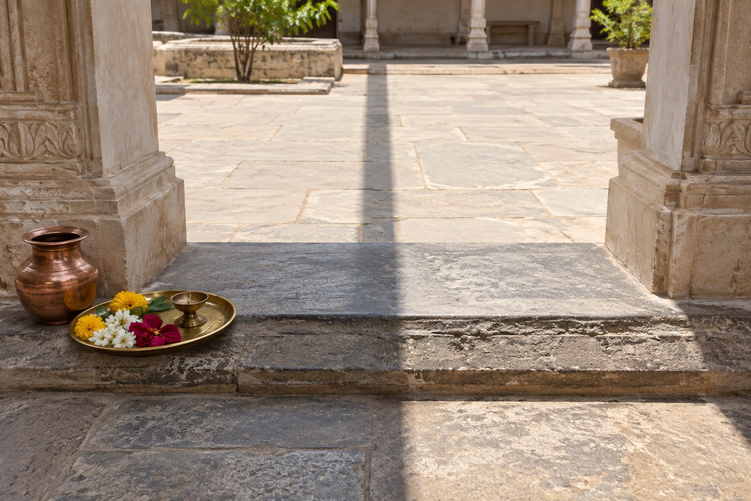 A sharp midday shadow crosses a stone temple threshold beside a prepared brass puja tray and copper vessel.