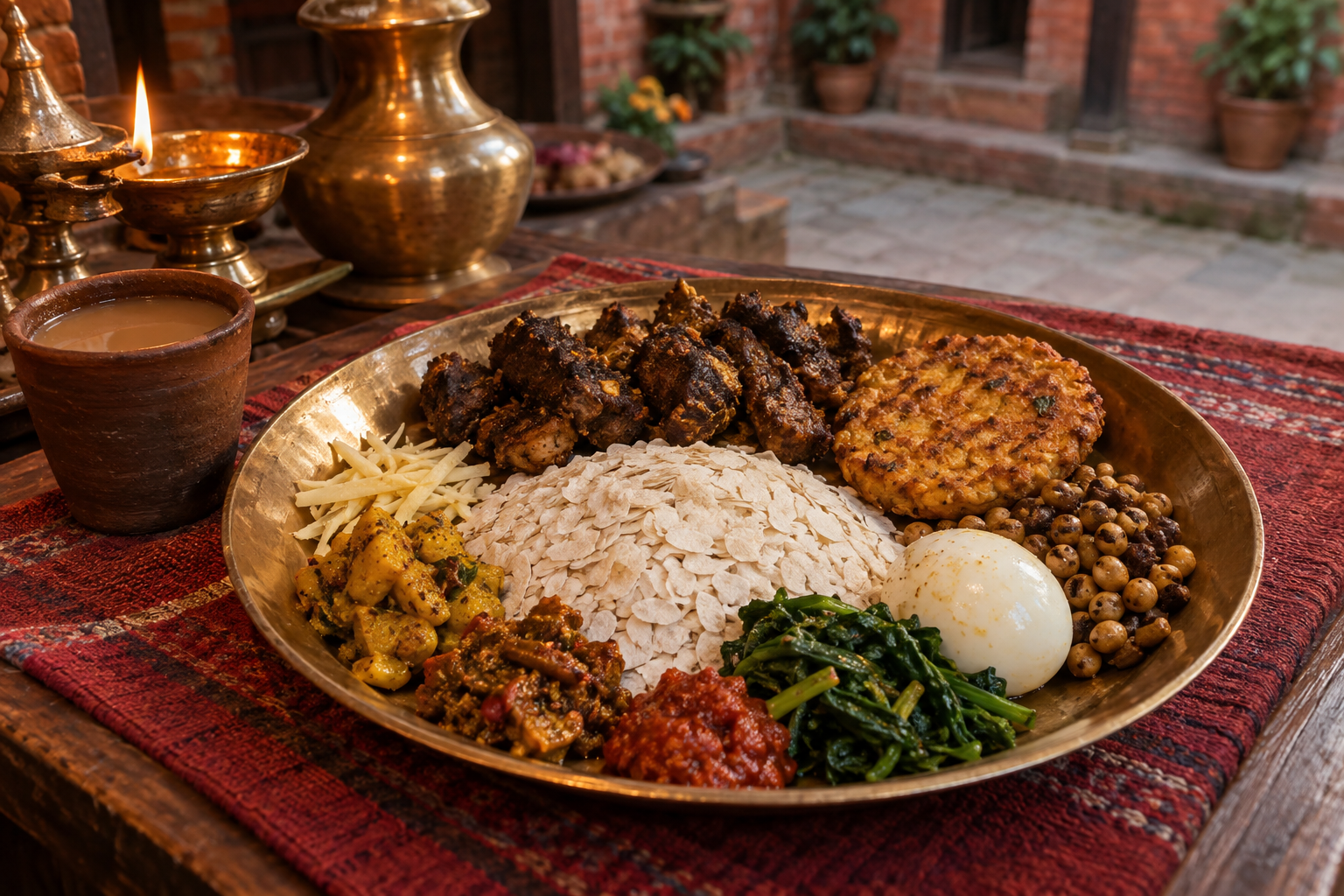 Brass platter of beaten rice, spiced meat, lentil bara, roasted soybeans, egg, greens, ginger, and pickles at a warmly lit Newa gathering.
