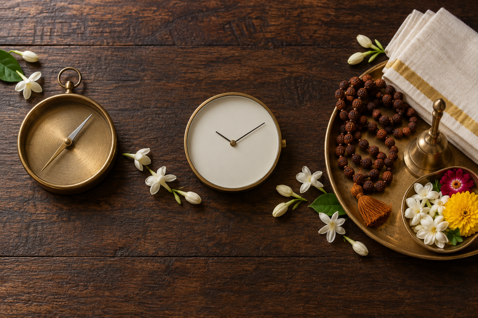 A brass directional instrument, an unnumbered clock, and puja objects form three separate groups on a wooden table.