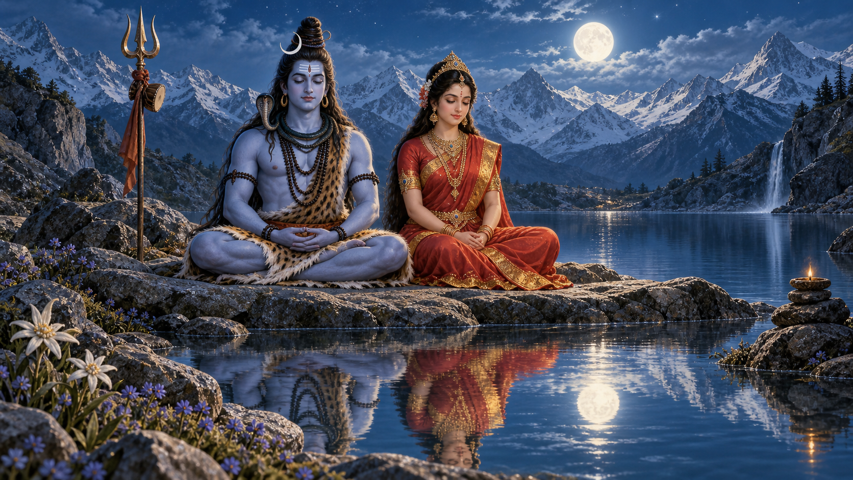 Shiva and Parvati sit in meditation beside a still mountain lake under moonlight.
