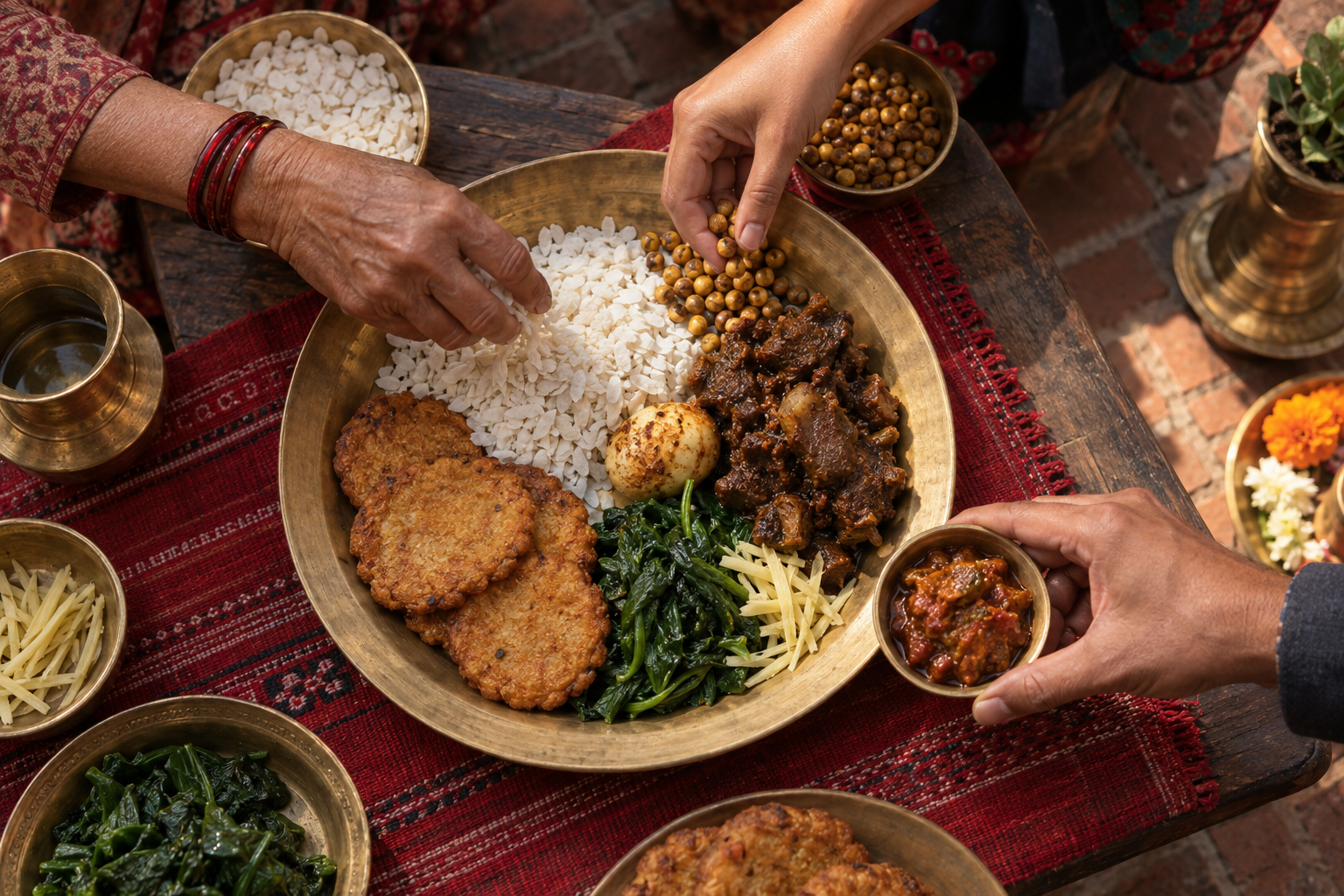 Several hands assemble beaten rice, roasted soybeans, pickle, bara, meat, egg, greens, and ginger on a shared brass platter.