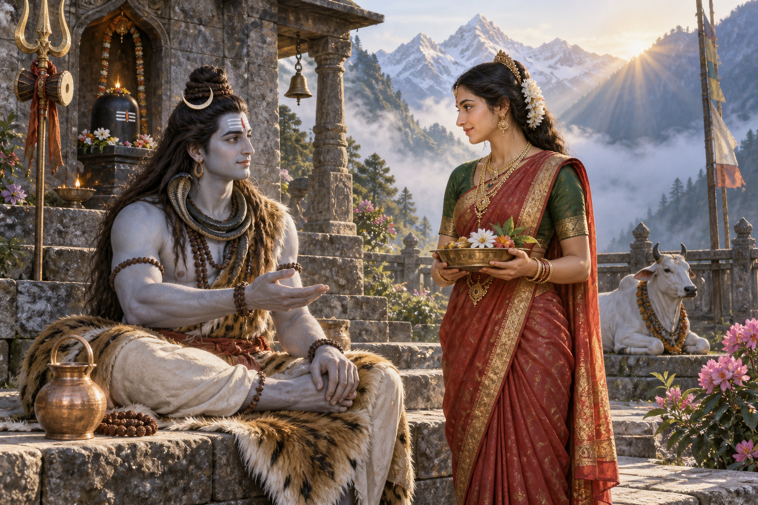 Shiva opens his eyes from meditation and reaches attentively toward Parvati in a misty mountain courtyard as Nandi rests nearby.