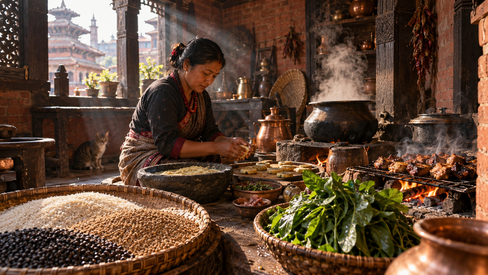Grains, lentil batter, greens, glowing coals, browning meat, water droplets, steam, and smoke share a traditional brick kitchen scene.
