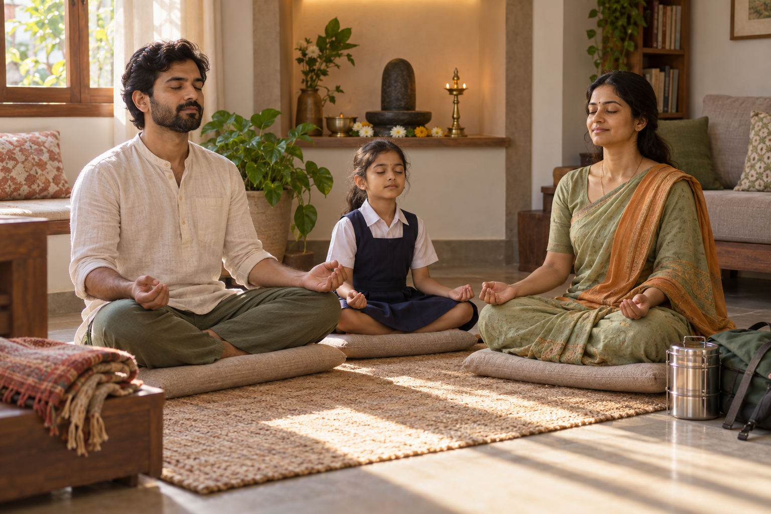 A couple and their child sit quietly on cushions for a morning household practice beside a lamp, flowers, and a simple Shiva shrine.
