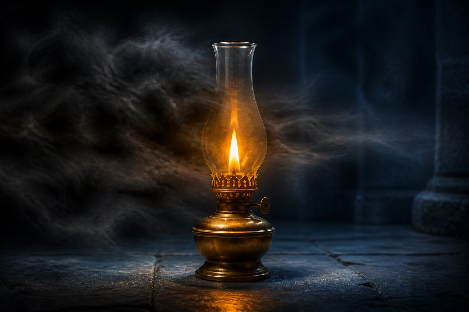 A steady brass oil lamp seen through a passing veil of smoke that briefly dims and distorts its light.