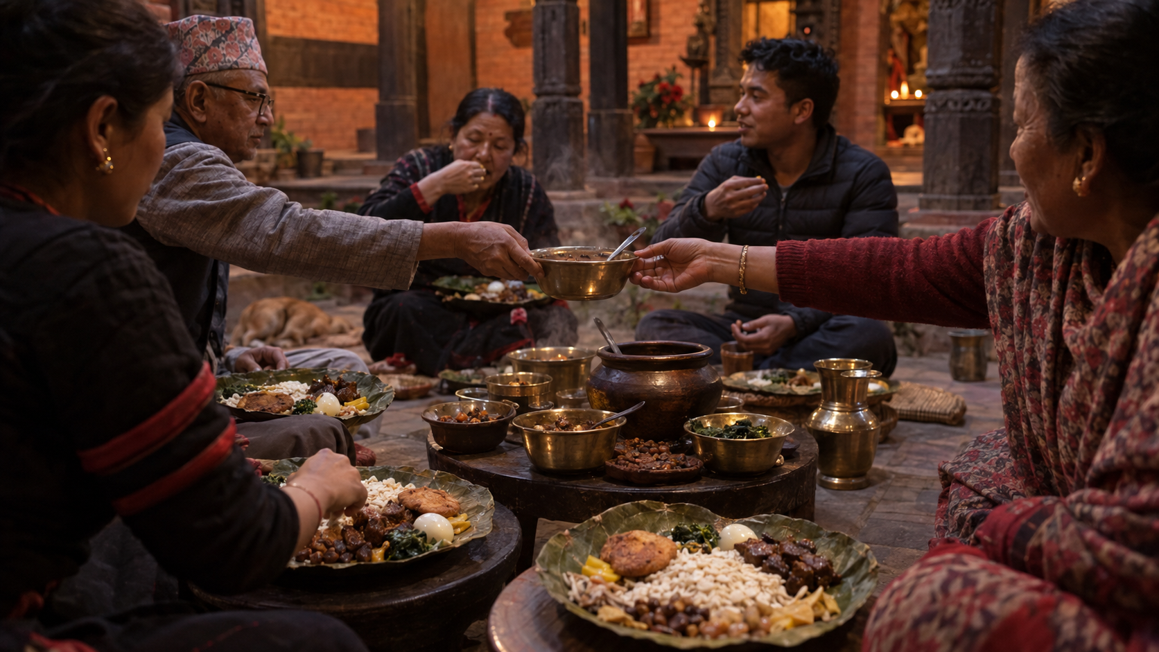 An intergenerational group shares Samay Baji from leaf plates in a brick courtyard as hands lift food and pass a bowl.