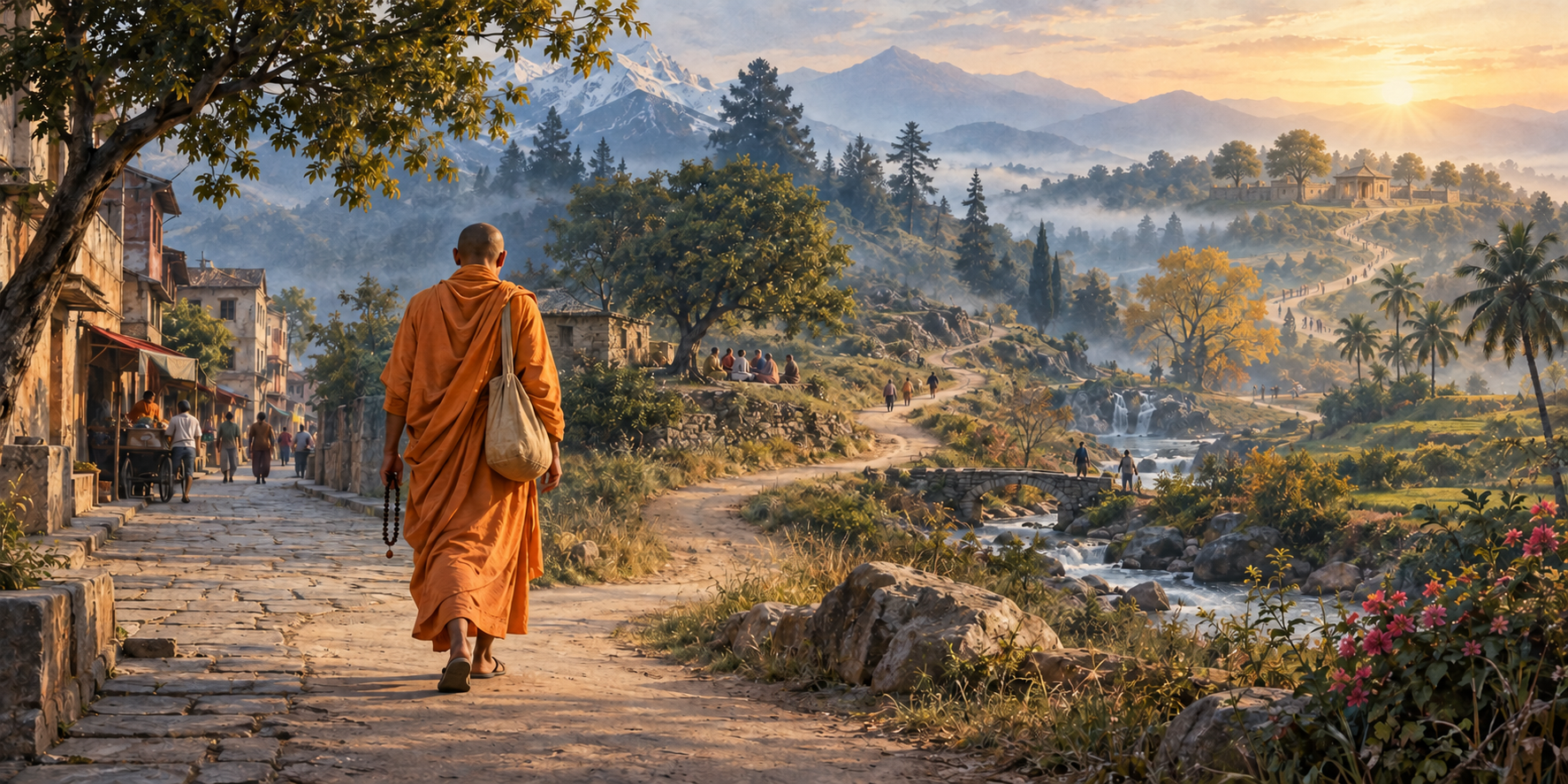 An anonymous saffron-robed pilgrim walks along a winding path from a city street toward a distant temple courtyard at sunrise.