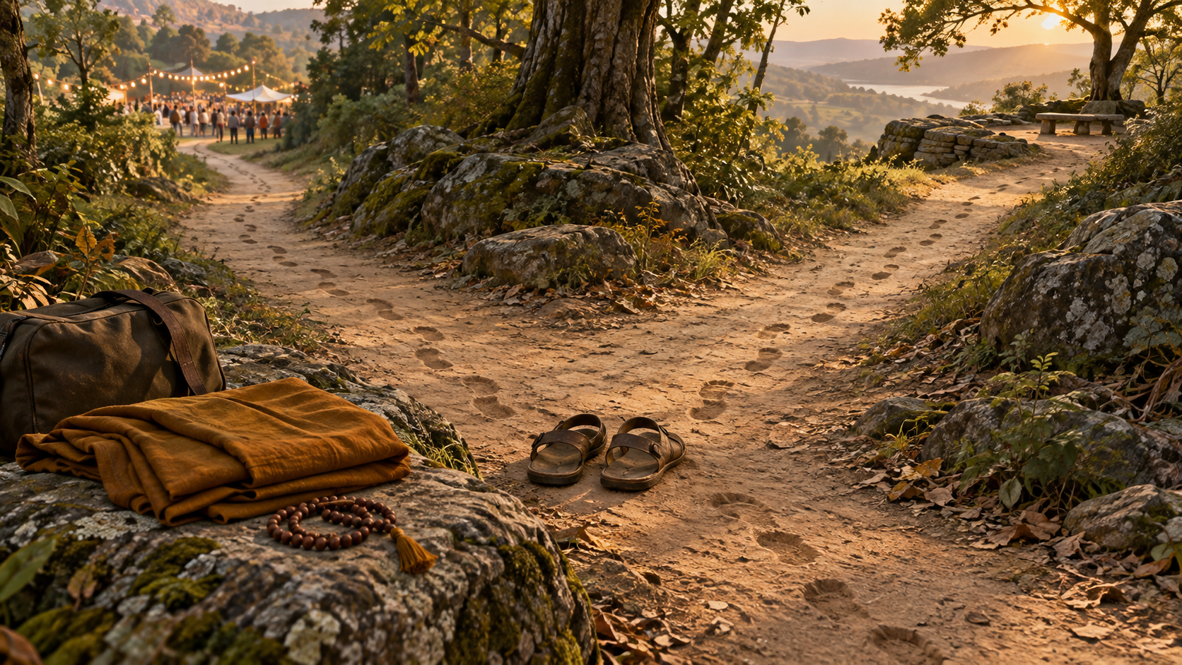 Worn sandals and prayer beads lie beside a forked forest path marked by a continuing trail of footprints.