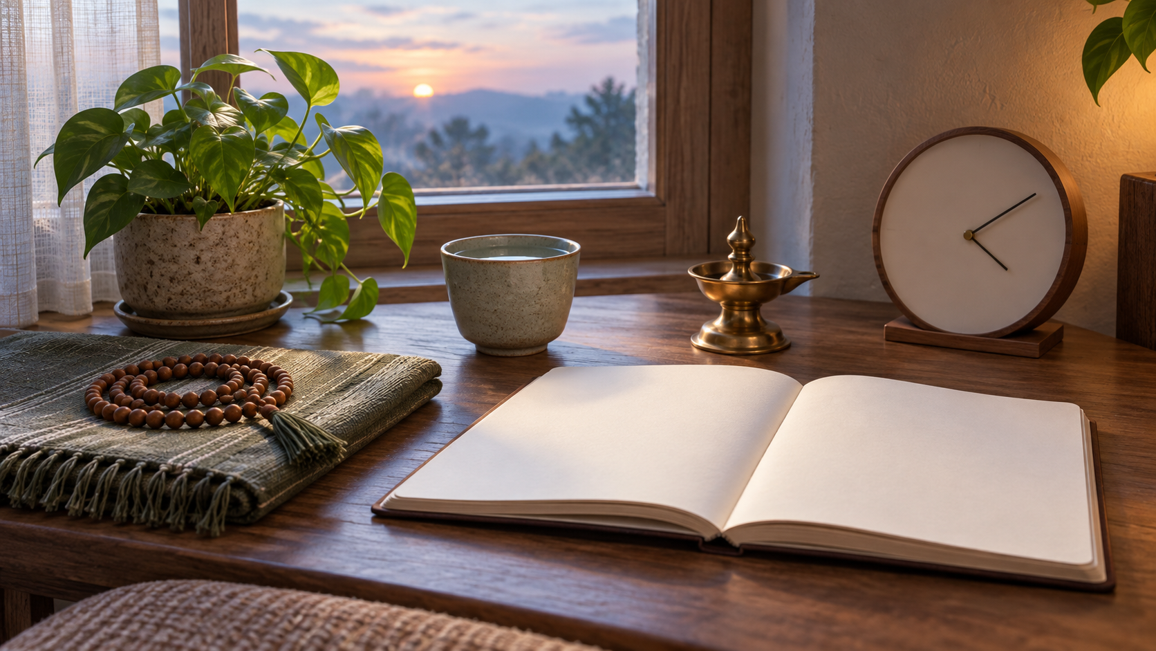 Prayer beads, a meditation cloth, a brass lamp, water, and a blank notebook are arranged in a quiet home practice space at dawn.