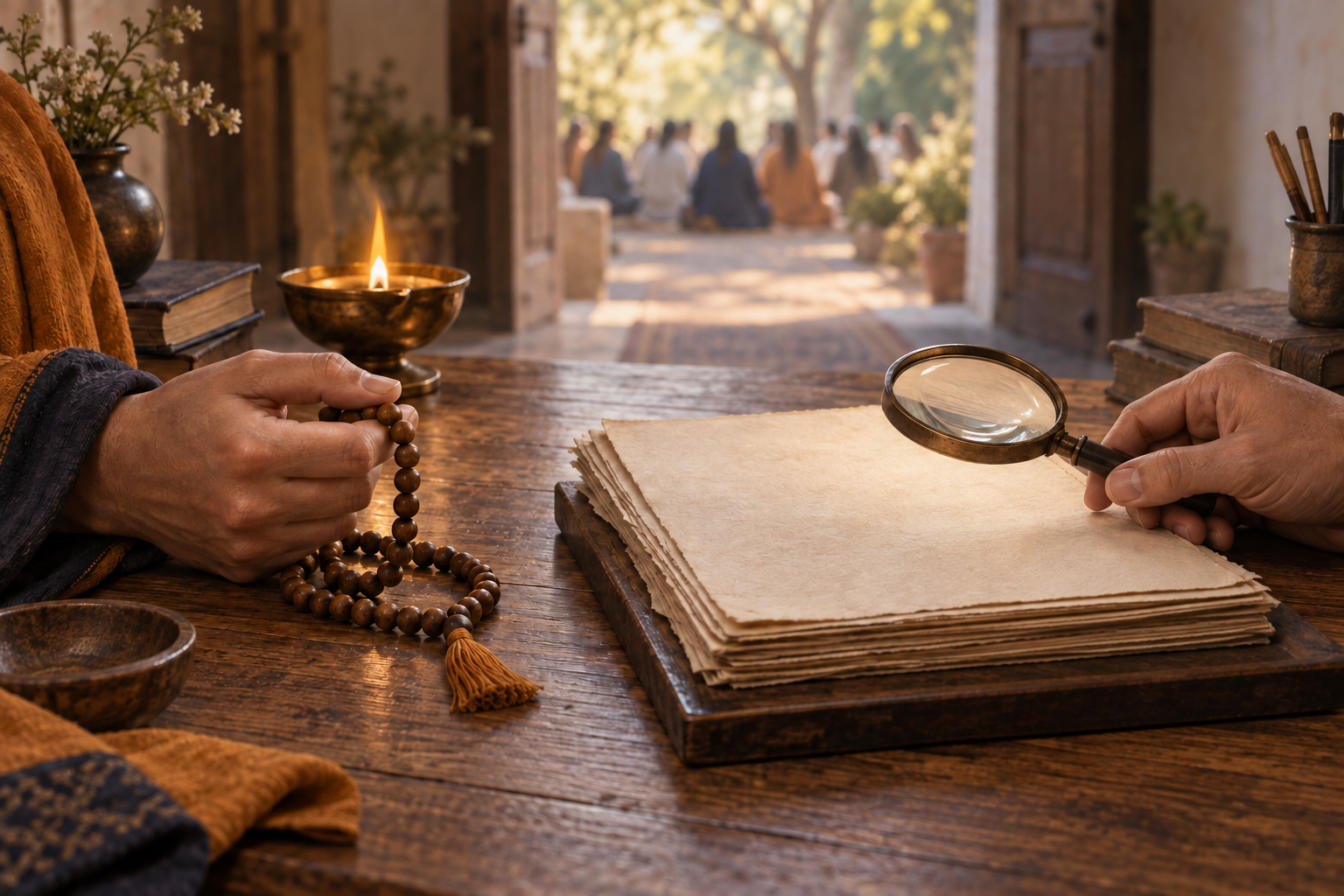 One hand holds prayer beads beside an oil lamp while another examines blank archival papers with a magnifying lens.