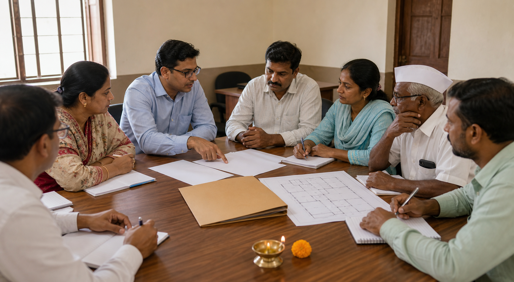 Community representatives and administrators sit around a meeting table examining blank documents in a district office.