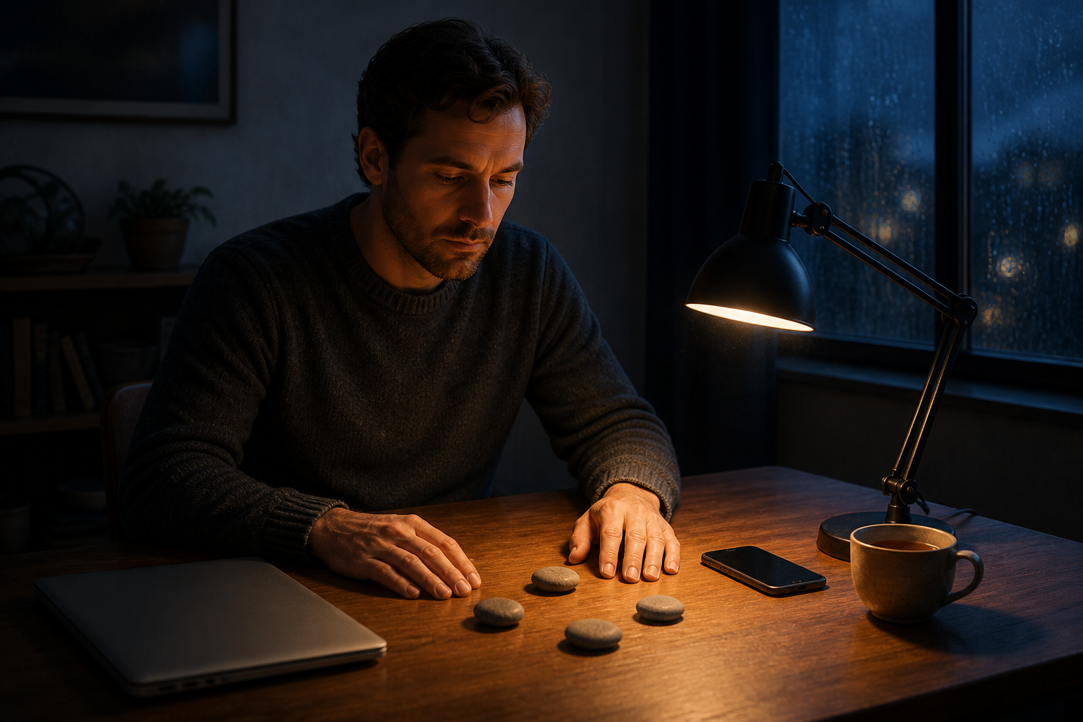 A professional pauses at a desk with a phone placed face down and four pebbles arranged beside a glowing lamp.