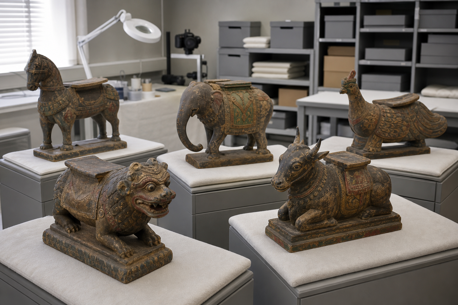 Five carved wooden ceremonial animal mounts stand on padded supports in a neutral conservation examination room.