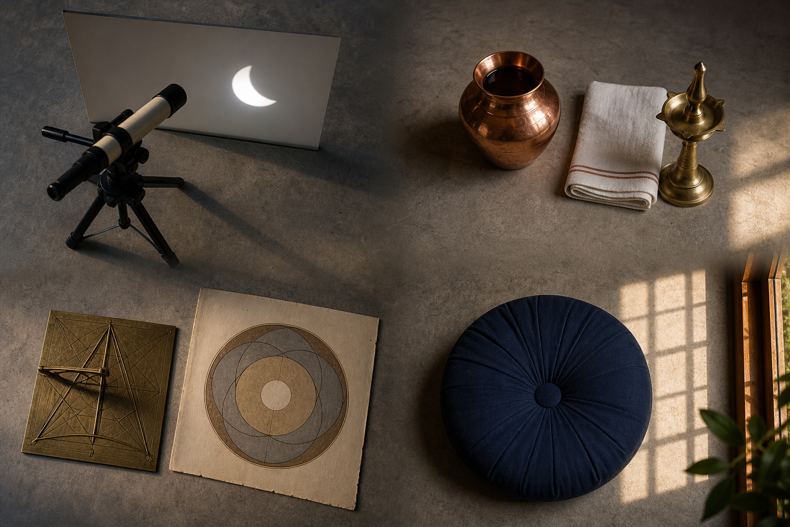 Four adjoining still-life arrangements show a telescope projection, ritual vessels, a celestial instrument, and a meditation cushion.