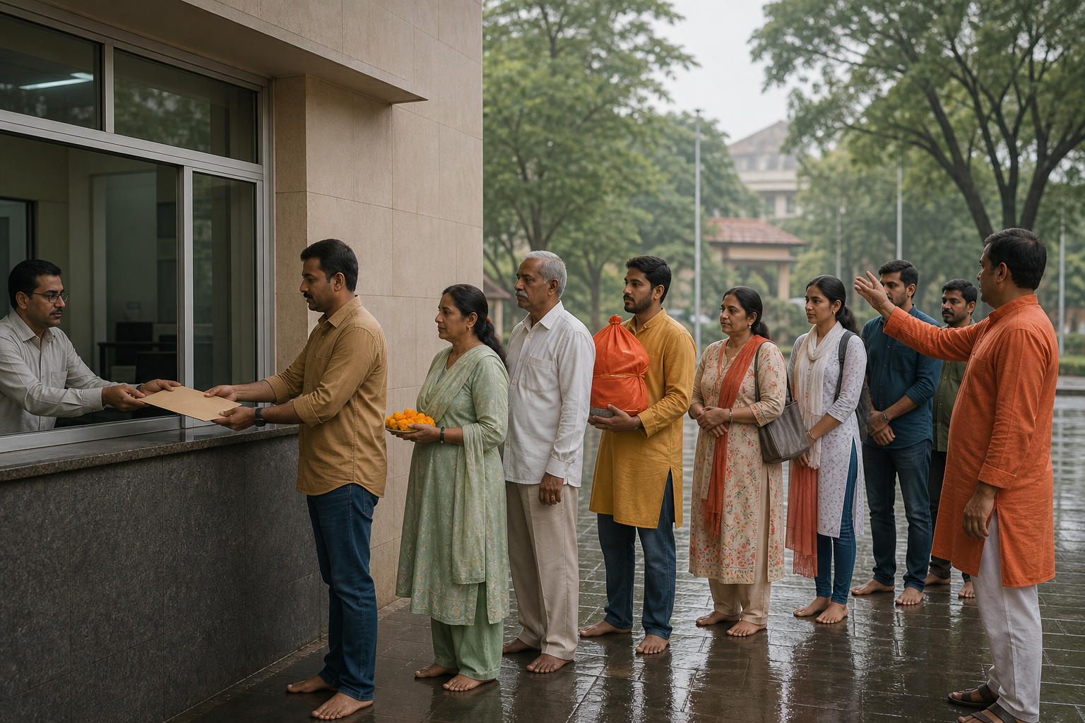 Devotees wait peacefully at a public service window with an unmarked petition folder, flowers, and a covered Ganesha idol.