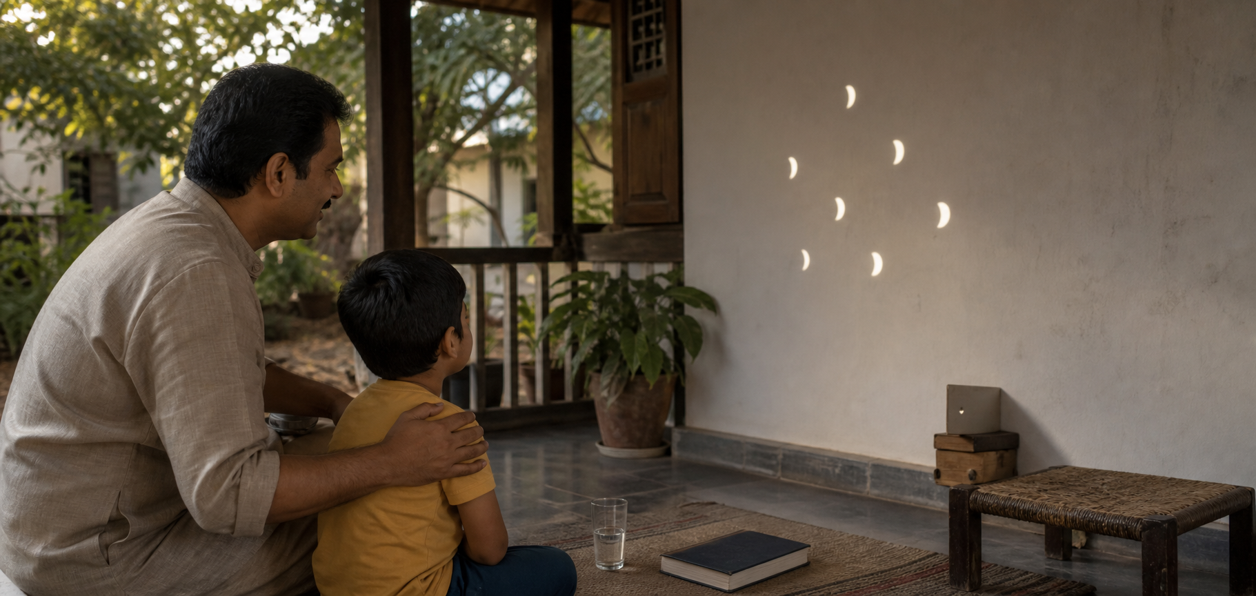 An adult reassures a child on a shaded veranda while crescent-shaped eclipse projections appear on a white surface.