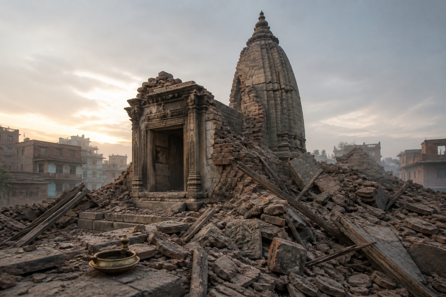 A damaged Hindu temple with a surviving carved entrance and small tower stands beside piles of broken masonry in a South Asian neighborhood at dawn.