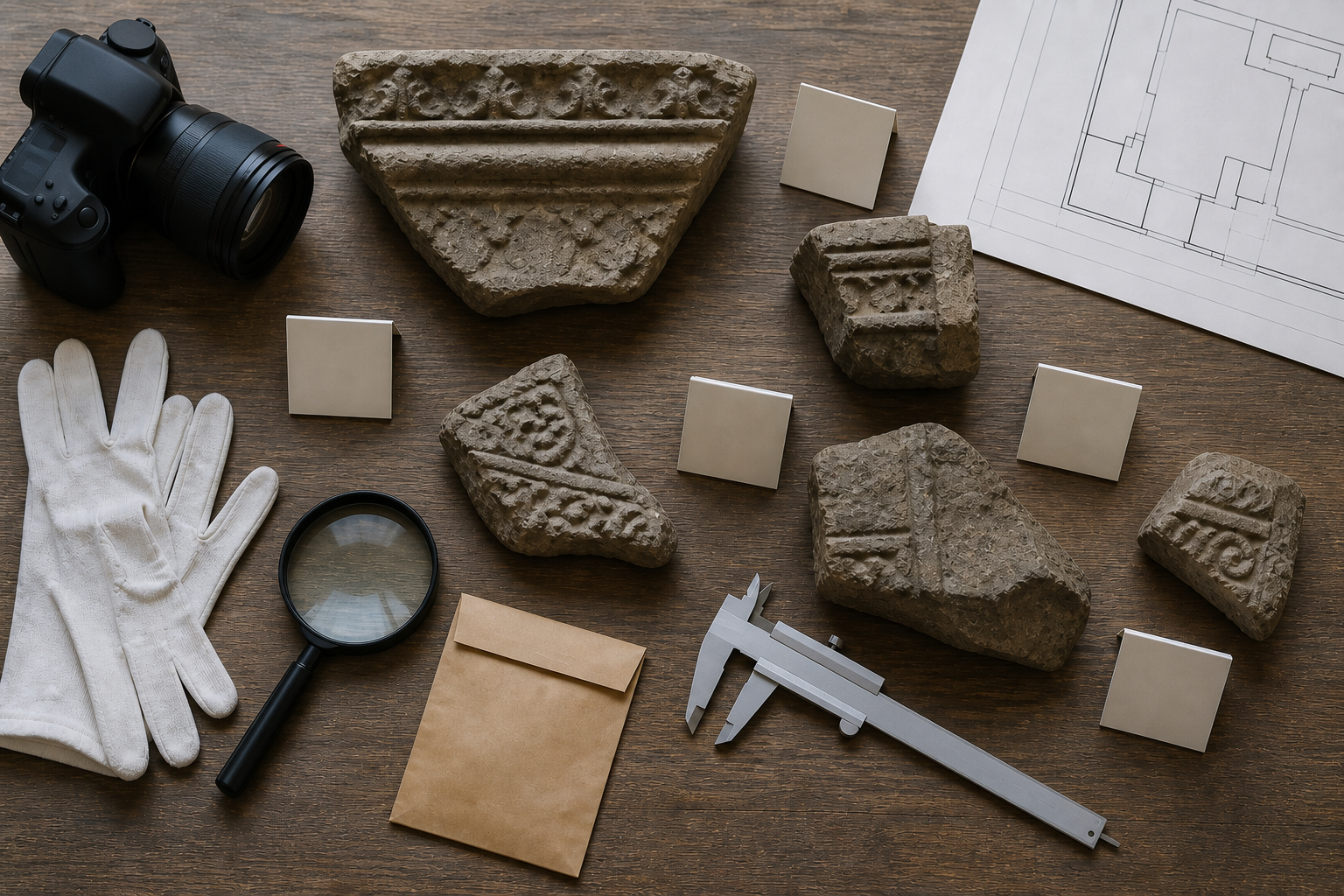 Temple stone fragments, evidence markers, gloves, measuring tools, and a camera are arranged on an examination table for documentation.