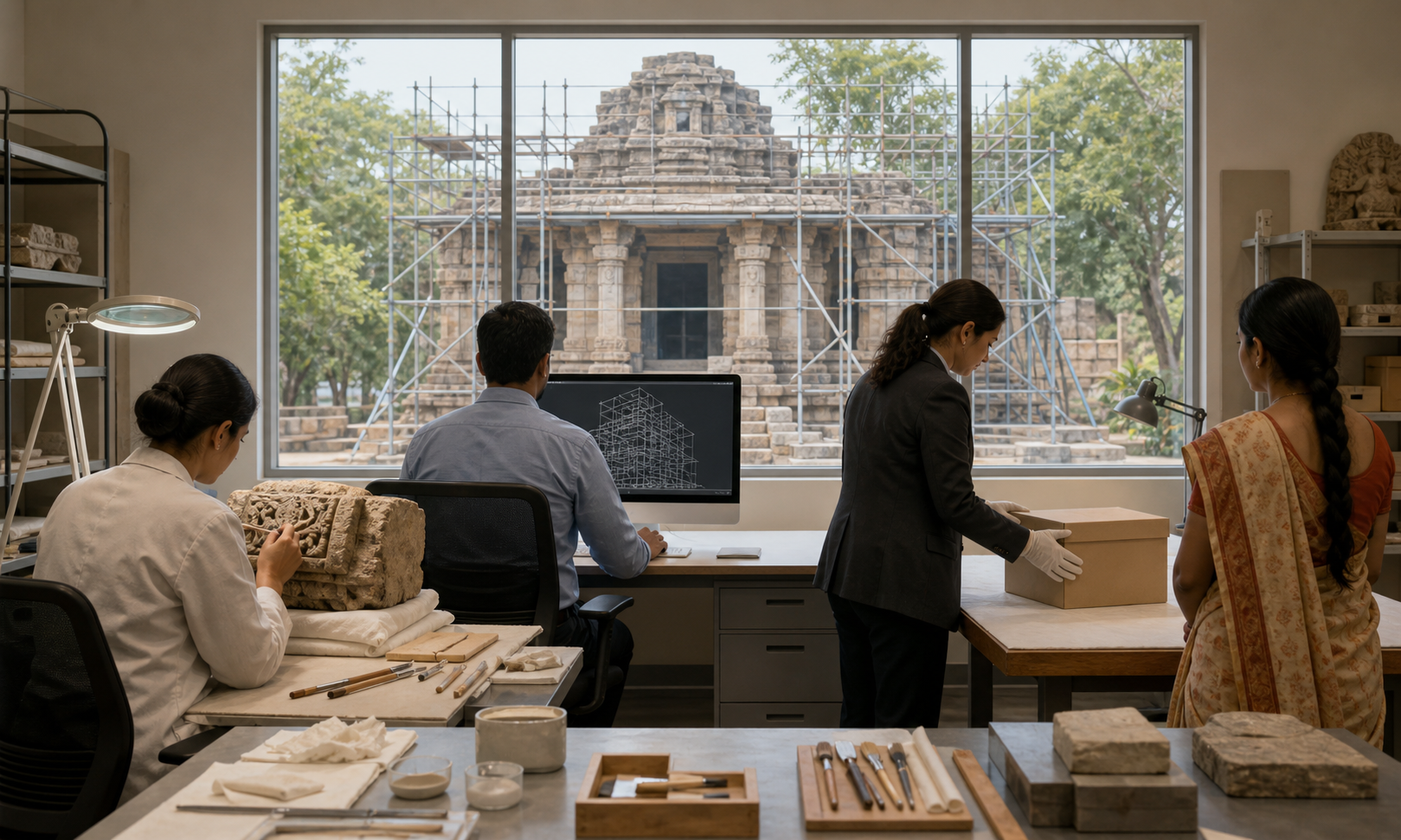 Heritage, engineering, legal, and community representatives examine temple fragments in a conservation workspace overlooking stabilized ruins.