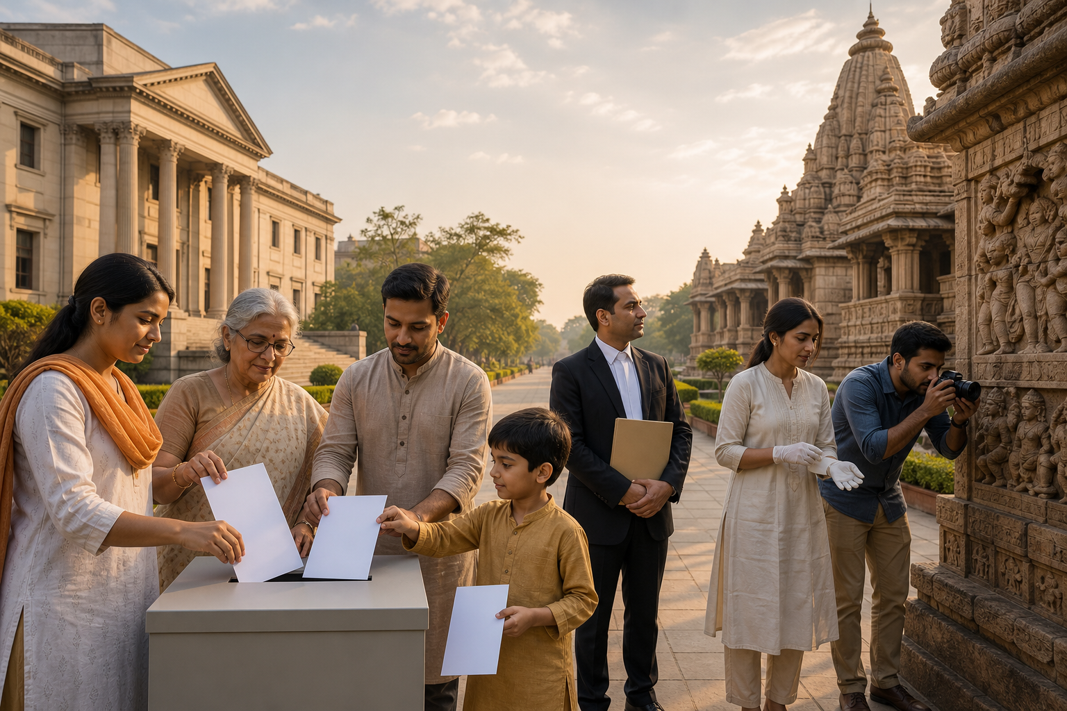 Citizens submit blank petition papers and document a damaged temple carving in a peaceful civic courtyard.