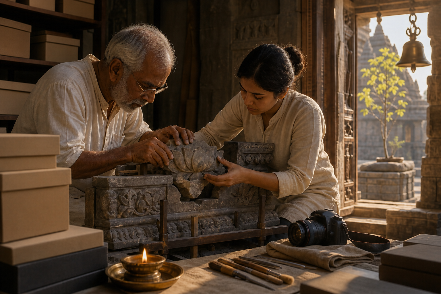 An older craftsperson and a young apprentice conserve a carved lotus stone beside a lit brass lamp in a temple restoration room.