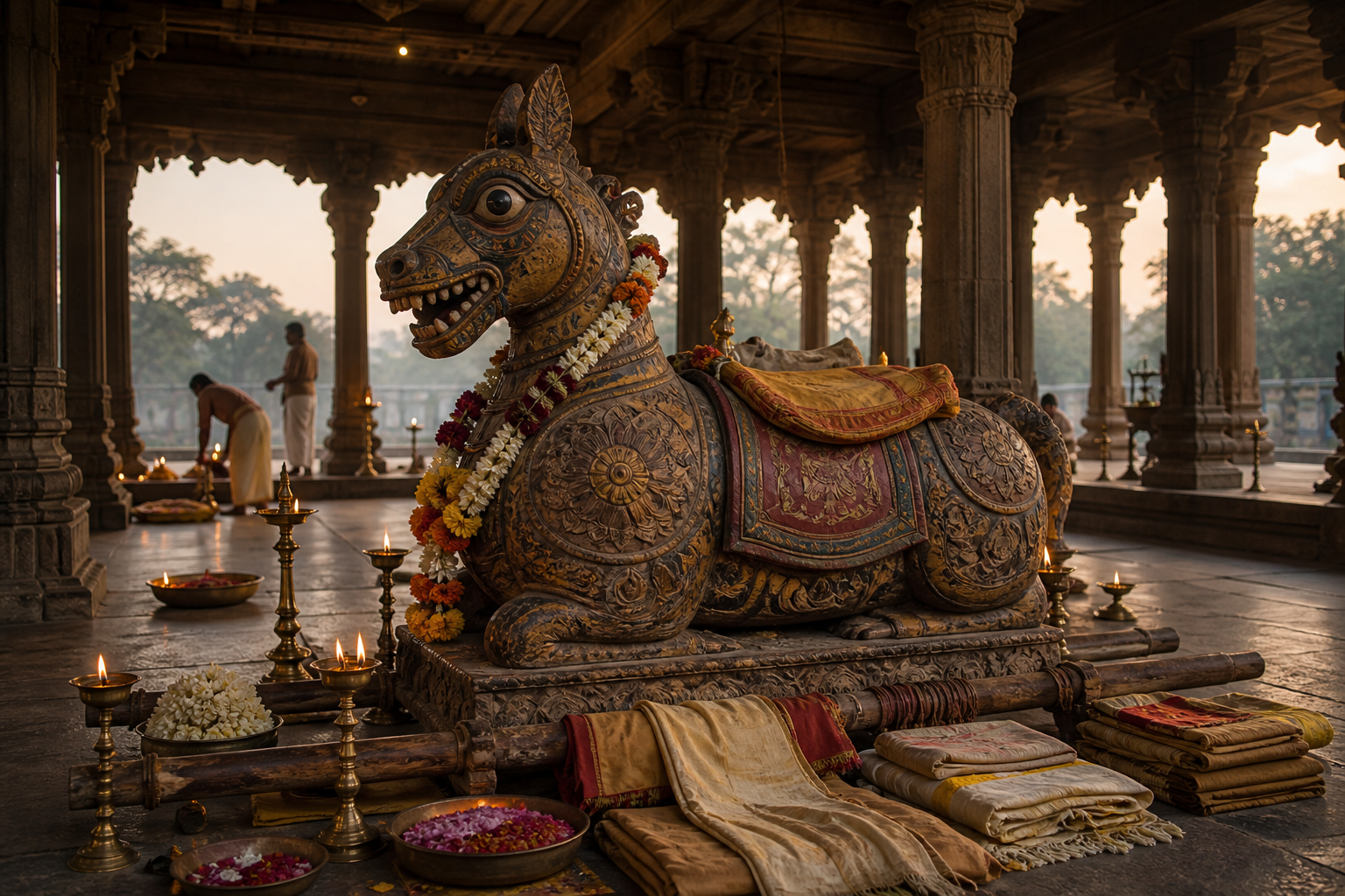 A carved wooden ceremonial mount stands among flower garlands and oil lamps in a temple hall as attendants prepare for a procession.
