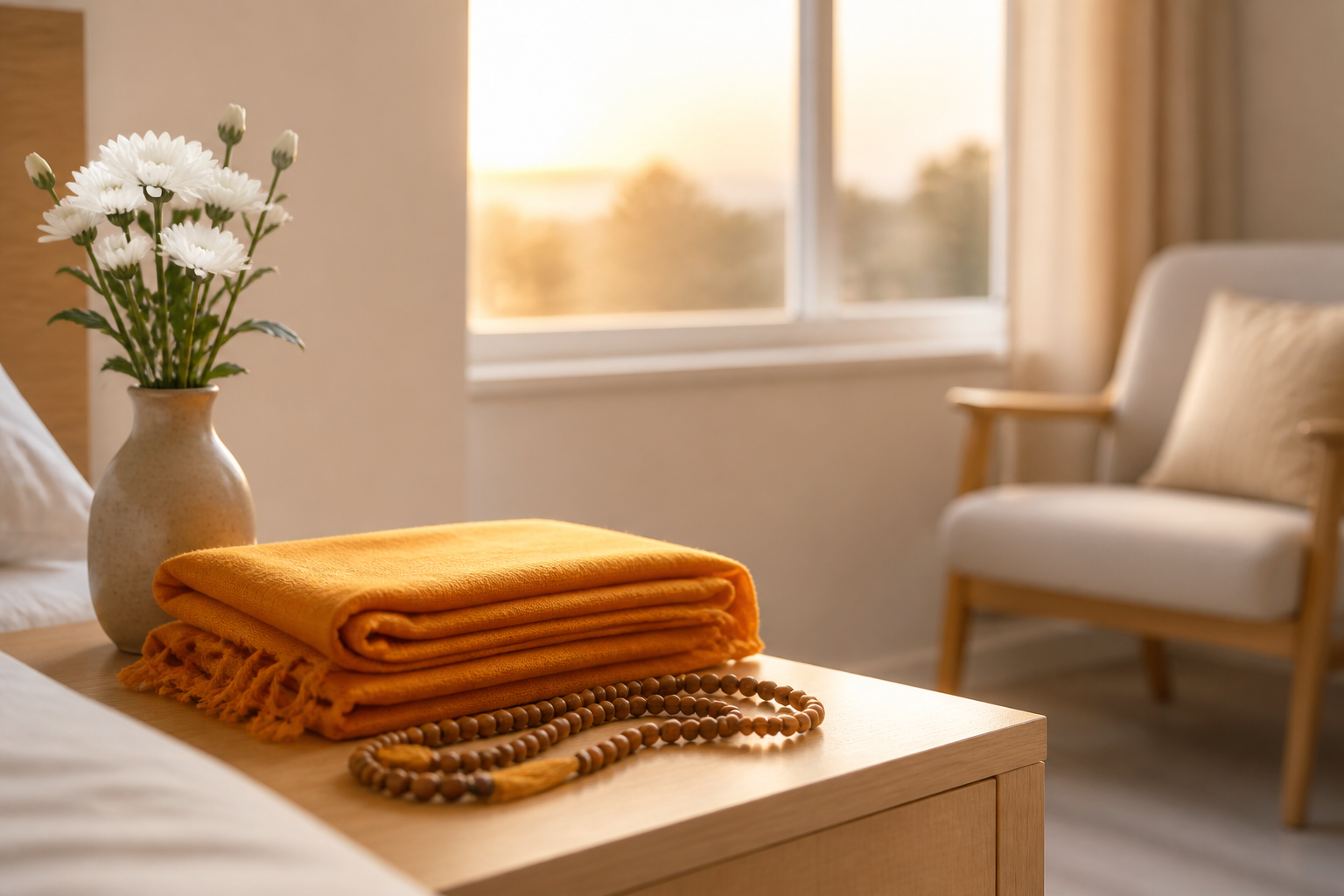 A folded saffron shawl, wooden prayer beads, and white flowers illuminated by warm morning light beside an empty chair.