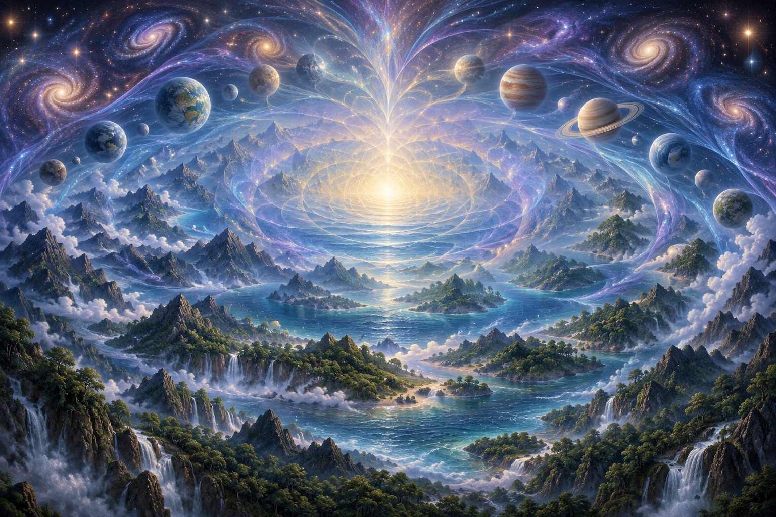 Mountains, oceans, planets, and galaxies dissolve into flowing blue and golden light around a calm luminous center.