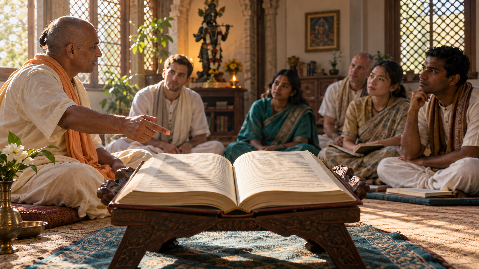 An open sacred volume on a wooden stand in the foreground of a small Bhagavatam class, with a teacher and seated listeners behind it.