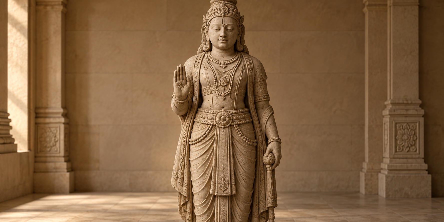 Close view of a standing Hindu divine figure carved in warm stone, with an ornamental waist girdle securing the lower garment at the hips.