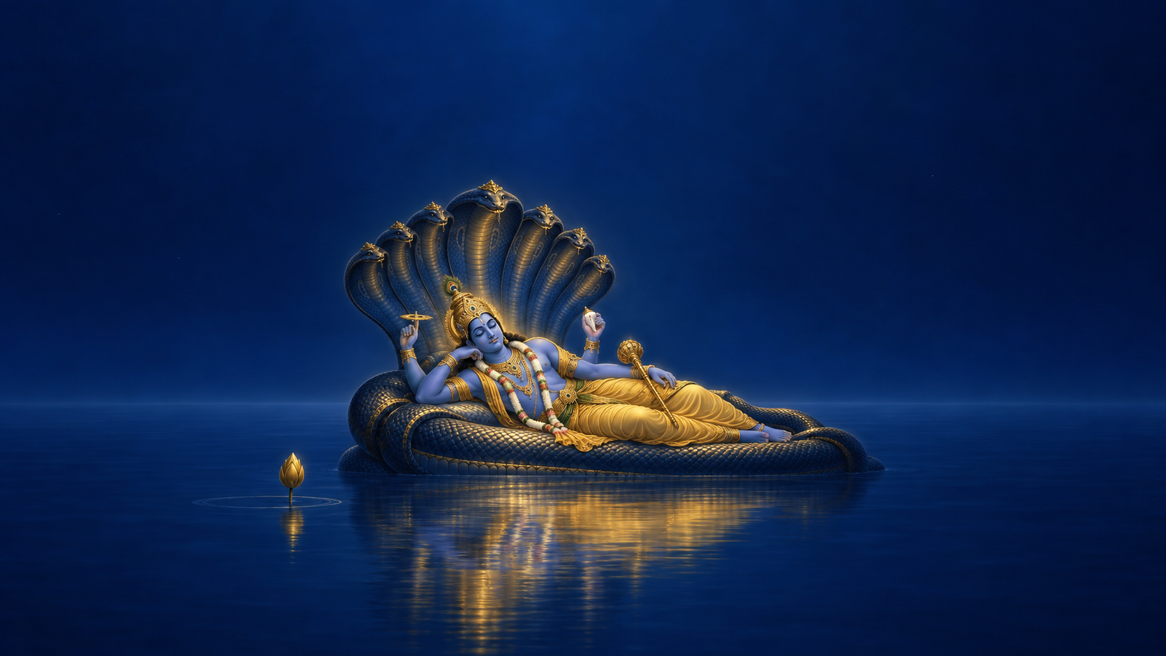Vishnu rests on Ananta above a mirror-still cosmic ocean, surrounded by empty blue space with a closed golden lotus bud nearby.